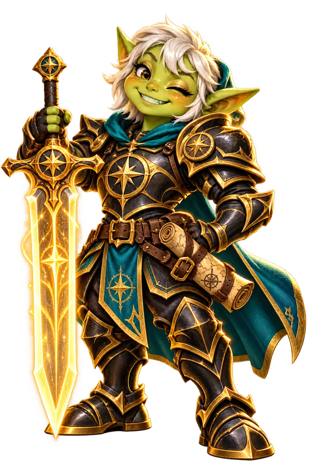 Witty Waypoint's grinning goblin champion in gold-trimmed armor, holding a glowing sword.